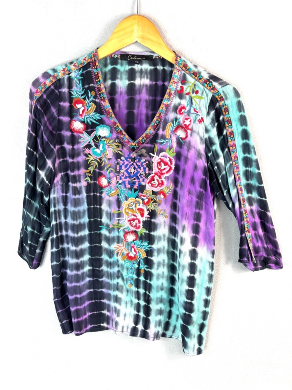 Caleoas SP Embroidered Cotton V-Neck Blouse Tunic Top - Purple Teal - Petite